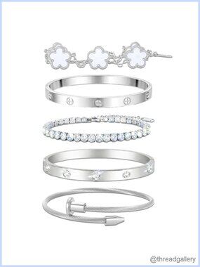 18K Gold Plated Love Bangle Bracelet Stack for Women, Adjustable Clover & CZ